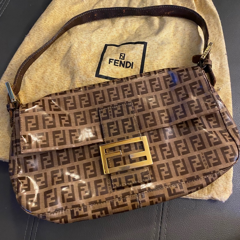 Fendi Monogram Brown PVC Gold Logo Small Top Handle Shoulder Pochette Flap Bag